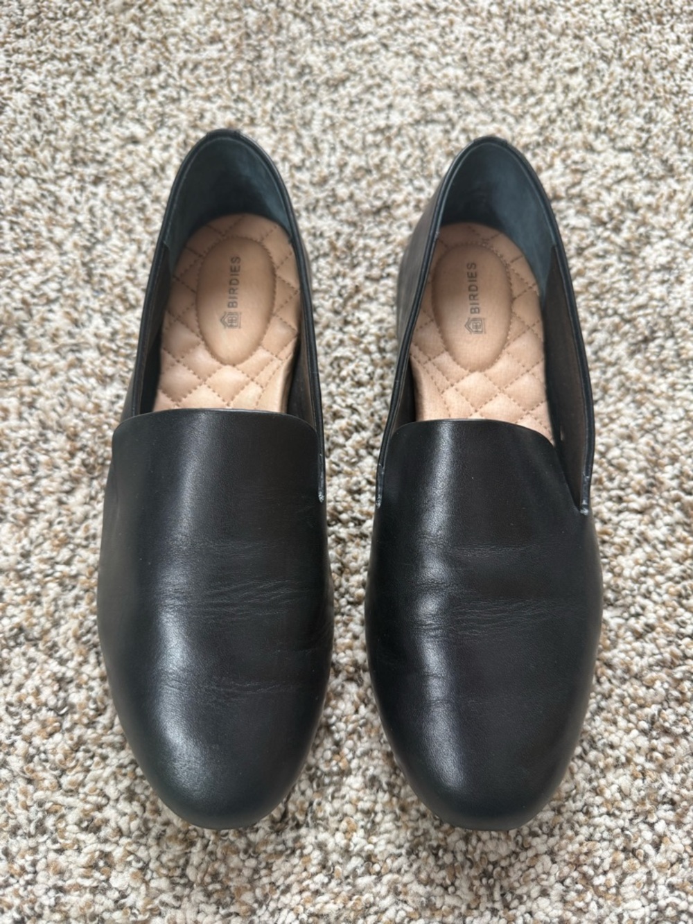 Birdies Black Leather Slip-On Loafers with Quilted Beige Insole